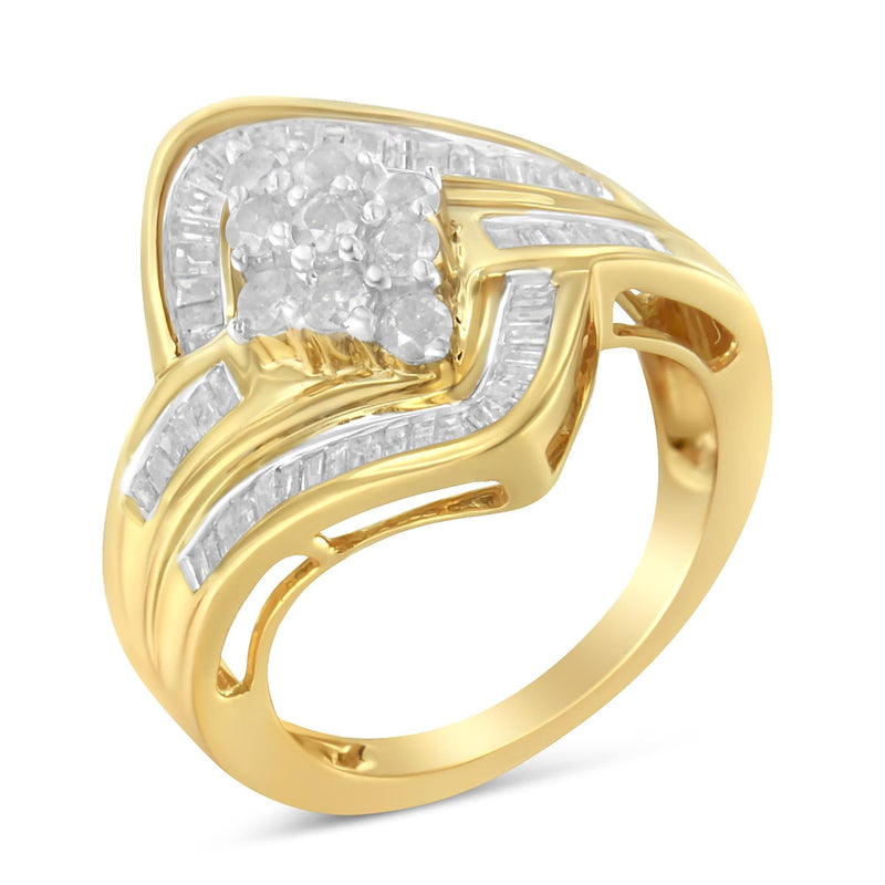 10K Yellow Gold over .925 Sterling Silver Diamond Bypass Cluster Ring (1 Cttw, I-J Color, I2-I3 Clarity) 10K yellow gold cluster ring with round diamond stones in bypass setting