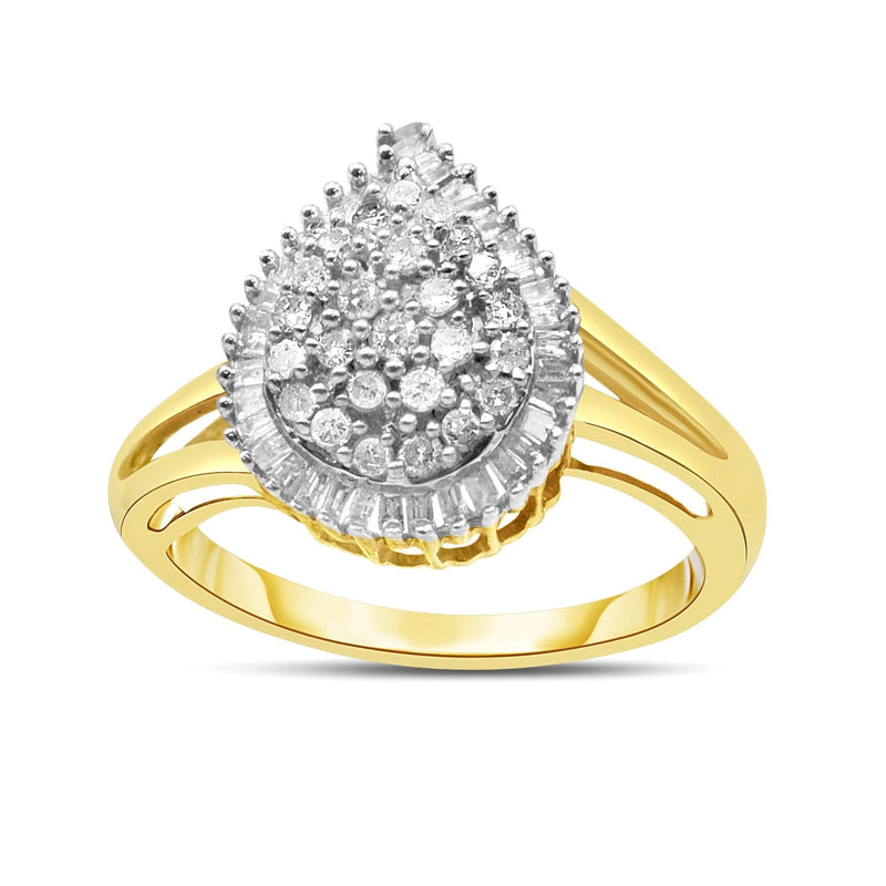 10K Yellow Gold 1/2 Cttw Round and Baguette-Cut Diamond Pear Ring (I-J Color, I1-I2 Clarity) 10K yellow gold pear ring with round and baguette diamond stones