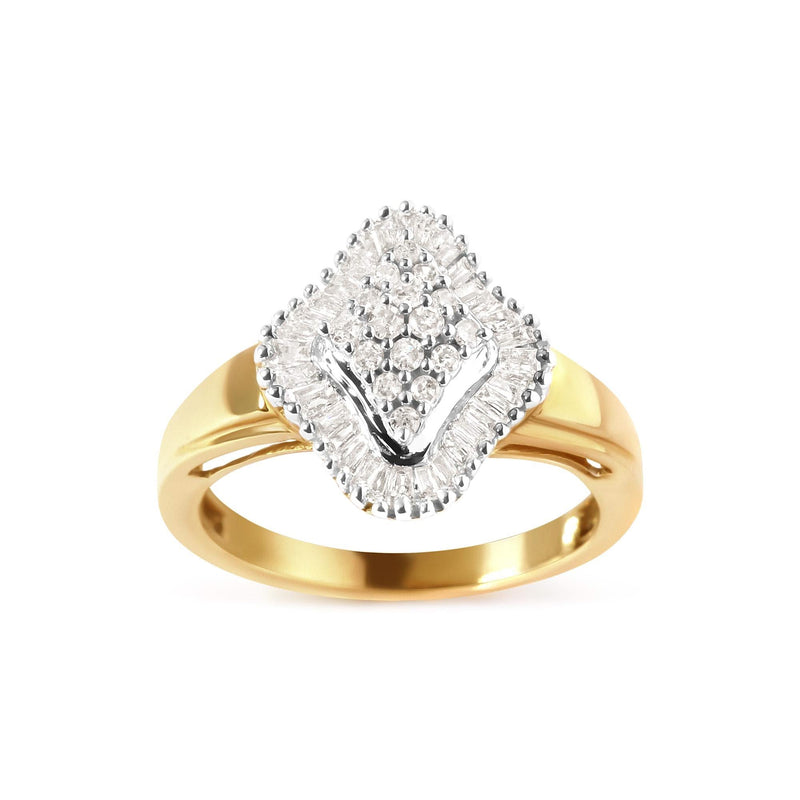 10K Yellow Gold 1/2 Cttw Round And Baguette-cut Diamond Rhombus Head and Halo Ring (I-J Color, I1-I2 Clarity) 10K yellow gold ring with round and baguette diamond stones in halo setting