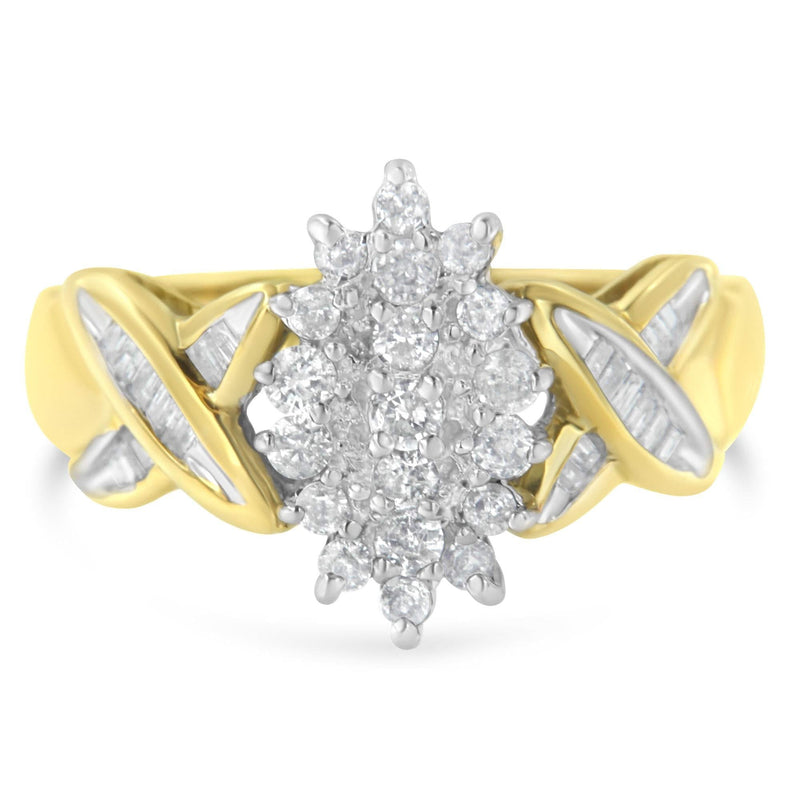 10K Two-Toned Round Baguette Diamond Cluster Ring (1/2 Cttw, I-J Color, I2-I3 Clarity) 10K two-tone gold ring with round and baguette diamond cluster stones