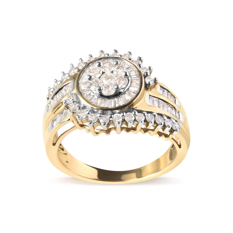 10K Yellow Gold 1 Cttw Round and Baguette cut Diamond Cluster Swirl Band Ring (H-I Color, I1-I2 Clarity) 10K yellow gold ring with round and baguette diamond cluster swirl band