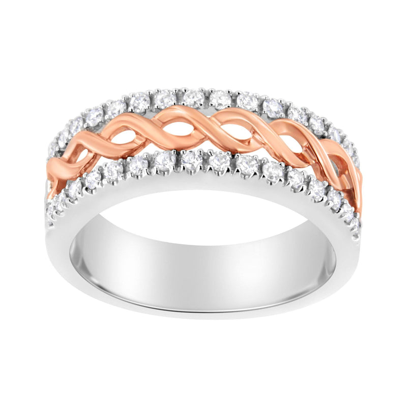 10K White and Rose Gold 1/3 Cttw Diamond Split Shank and Infinity Ribbon Band Ring (I-J Color, I1-I2 Clarity) 10K rose and white gold ring with round diamond stones on split shank