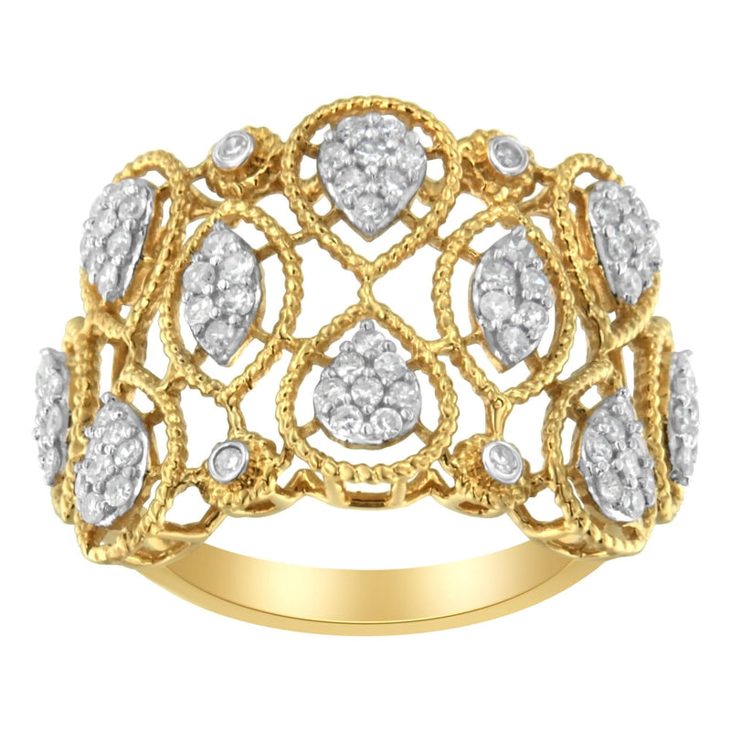 14K Yellow Gold Diamond Art Deco Ring (1/2 Cttw, H-I Color, I1 Clarity) 14K yellow gold ring with round diamond stones in Art Deco pattern