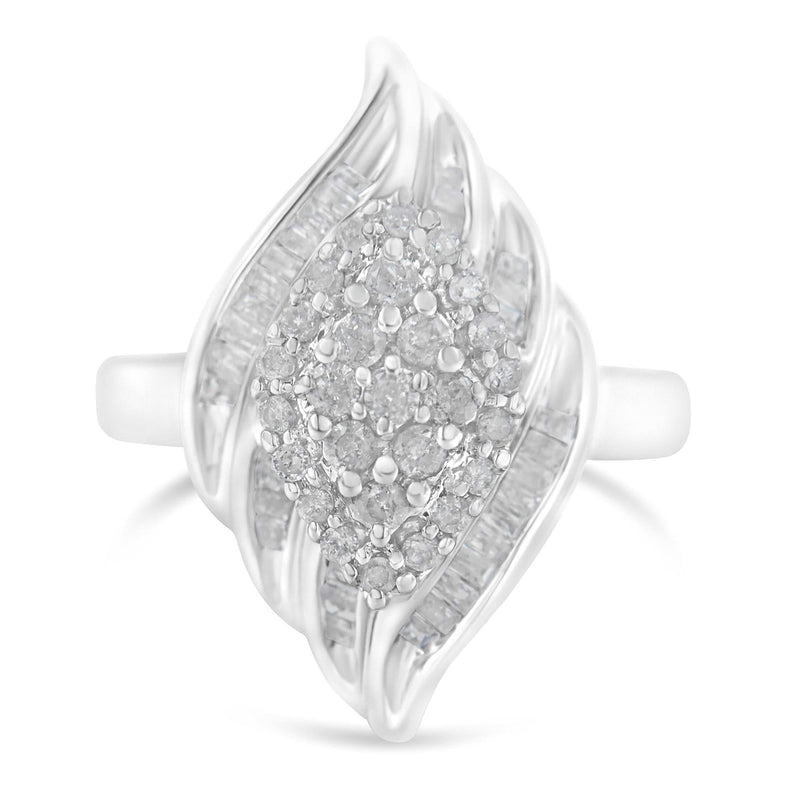 .925 Sterling Silver ¾ Cttw Round and Baguette Cut Diamond Stair-Stepped Cluster Waterfall Cocktail Ring (I-J Color, I2-I3 Clarity) 925 sterling silver ring with round and baguette diamond stair-stepped cluster