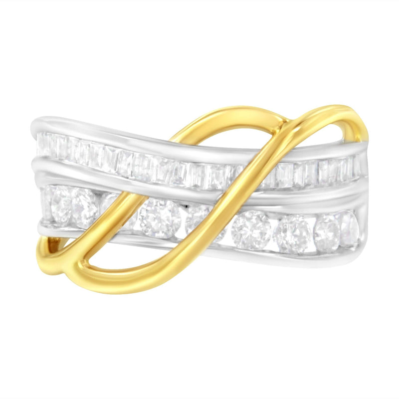 10K White and Yellow Gold 1 1/10 cttw Channel-Set Diamond Bypass Band Ring (J Color, I3 Clarity) 10K white and yellow gold bypass ring with channel-set diamond stones