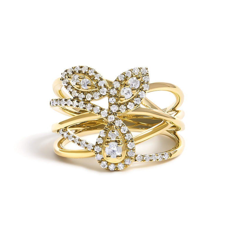 10K Yellow Gold 1/2 Cttw Diamond Crossover 3 Leaf Floral Cocktail Ring Band (H-I Color, SI1-SI2 Clarity) 10K yellow gold ring with round diamond stones in a three-leaf crossover head