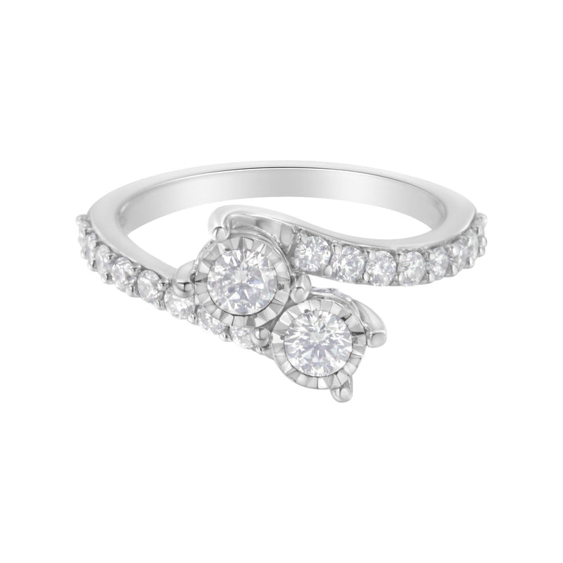 10K White Gold Two-Stone Miracle-Set Diamond Bypass Ring (1 Cttw, H-I Color, I1-I2 Clarity) 10K white gold bypass ring with 2 miracle-set diamond stones