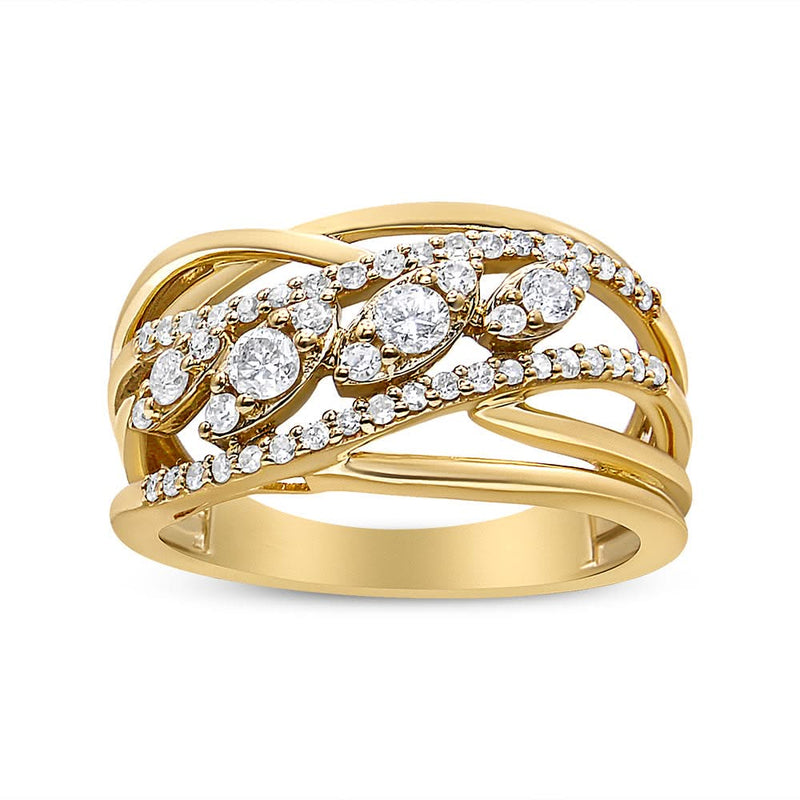 10K Yellow Gold 1/2 Cttw Round-Cut Multi Row Diamond Split Shank Cocktail Ring (H-I Color, SI2-I1 Clarity) 10K yellow gold ring with multi-row round diamond stones on a split shank