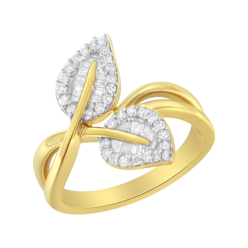 10K Yellow Gold 3/8 Cttw Round and Baguette-Cut Diamond Leaf Cocktail Ring (I-J Color, I1-I2 Clarity) 10K yellow gold leaf ring with round and baguette diamond stones