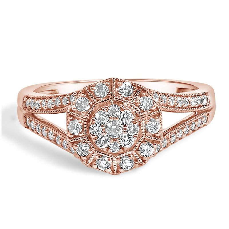 14K Rose Gold Plated .925 Sterling Silver 1/2 Cttw Pave Diamond Halo Cluster Split Shank Cocktail Ring (I-J Color, I1-I2 Clarity) 14K rose gold ring with pave diamond halo cluster on split shank
