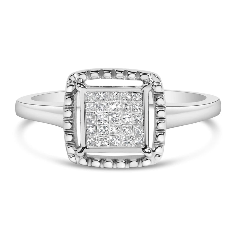 .925 Sterling Silver 1/5 Cttw Invisible Set Princess Cut Diamond Promise Ring with Beaded Halo (H-I Color, I1-I2 Clarity) 925 sterling silver promise ring with princess cut diamonds and beaded halo