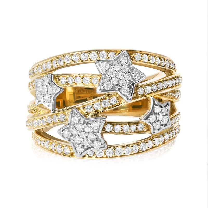 18K Yellow Gold Plated .925 Sterling Silver 3/4 Cttw Diamond Star and Galaxy Ring Band 18K yellow gold ring with flush-set round diamond stones in star and galaxy pattern