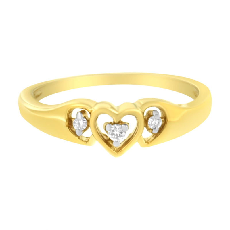 10KT Yellow Gold 1/20 cttw Diamond Triple Heart Diamond Ring (K-L, I1-I2) 10K yellow gold ring with heart diamond stones across a triple heart design