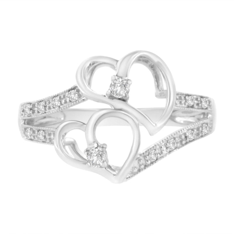 14KT White Gold 1/10 cttw Diamond Twin Heart Ring 14K white gold ring with pave heart diamond stones in twin heart design