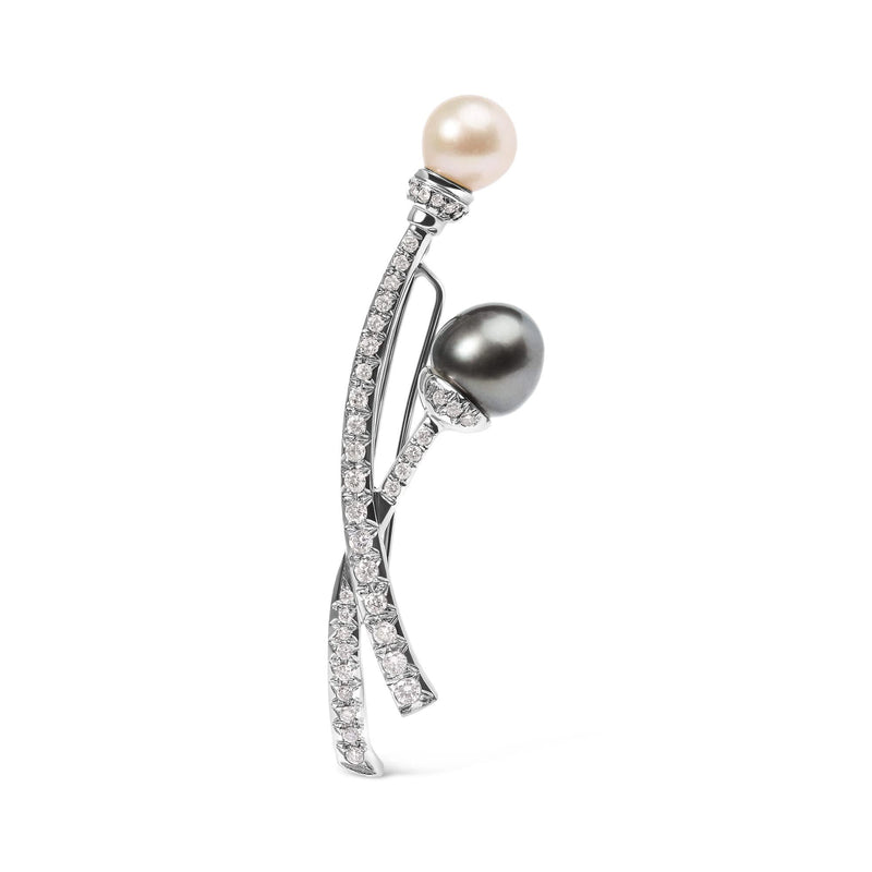 18K White Gold 3/5 Cttw Diamond and Cultured South Sea Black and White Pearl Brooch Pin (H-I Color, VS1-VS2 Clarity) 18K White Gold 3/5 Cttw Diamond and Cultured South Sea Black and White Pearl Brooch Pin (H-I Color, VS1-VS2 Clarity)-0
