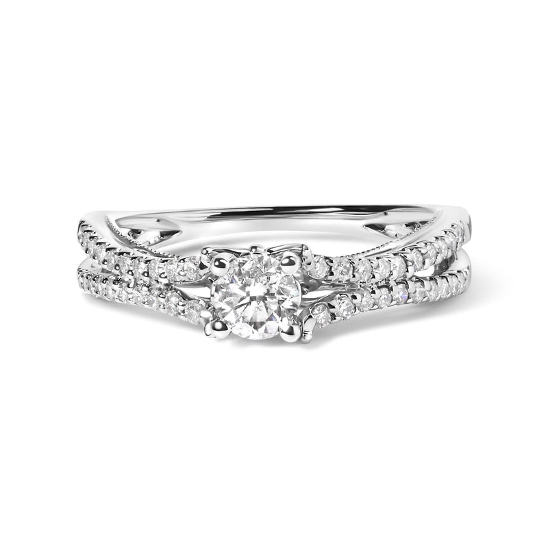 14K White Gold 5/8 Cttw Diamond Split Shank Engagement Ring (G-H Color, VS2-SI1 Clarity) - Size 7 14K white gold split shank engagement ring with round diamond stones