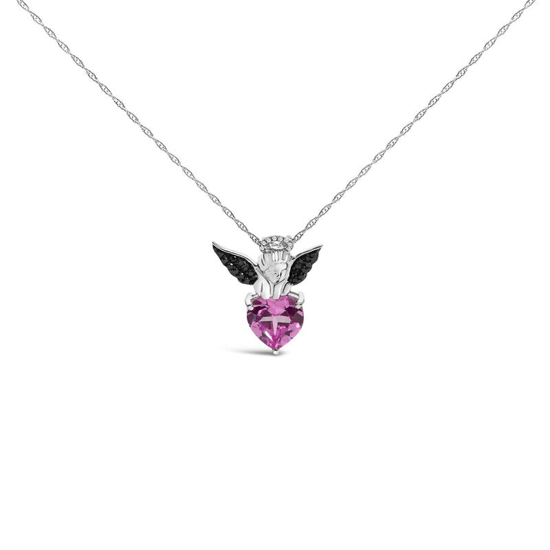 Sterling Silver Diamond Accent & Created Pink Sapphire Angel Heart Pendant Necklace Sterling Silver Diamond Accent & Created Pink Sapphire Angel Heart Pendant Necklace-0