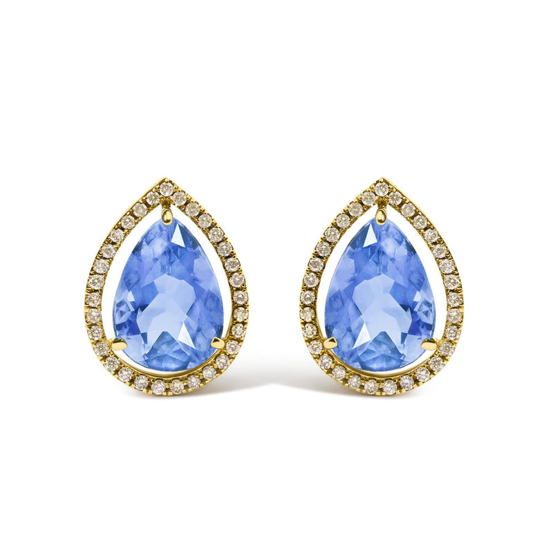 18K Yellow Gold 9x13 MM Blue Flourite Pear Halo Stud Earrings 1/2 Cttw Diamond 18K Yellow Gold 9x13 MM Blue Flourite Pear Halo Stud Earrings 1/2 Cttw Diamond-0