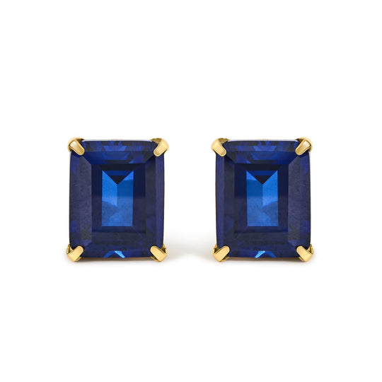 18K Yellow Gold 10x8 MM Lab Created Blue Sapphire Emerald Cut Solitaire Stud Earrings-0