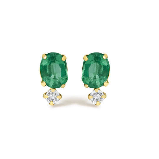 18K Yellow Gold Oval Green Emerald and Diamond Double Drop Stud Earrings-0