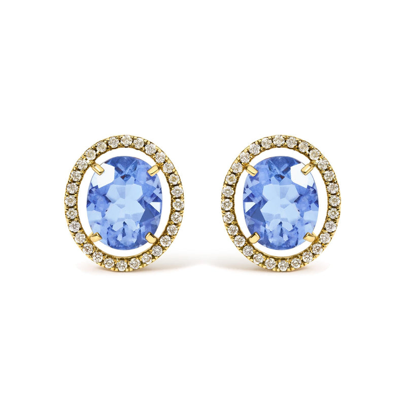 18K Yellow Gold 8X10 MM Blue Fluorite Oval and 1/2 Cttw Diamond Halo Stud Earrings 18K Yellow Gold 8X10 MM Blue Fluorite Oval and 1/2 Cttw Diamond Halo Stud Earrings-0