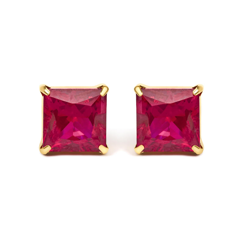 18K Yellow Gold 7x7 MM Created Red Ruby Princess Cut Solitaire Stud Earrings 18K Yellow Gold 7x7 MM Created Red Ruby Princess Cut Solitaire Stud Earrings-0