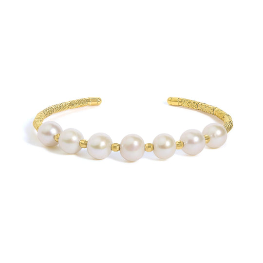 18K Yellow Gold Freshwater Pearl Cuff Bangle Bracelet-0