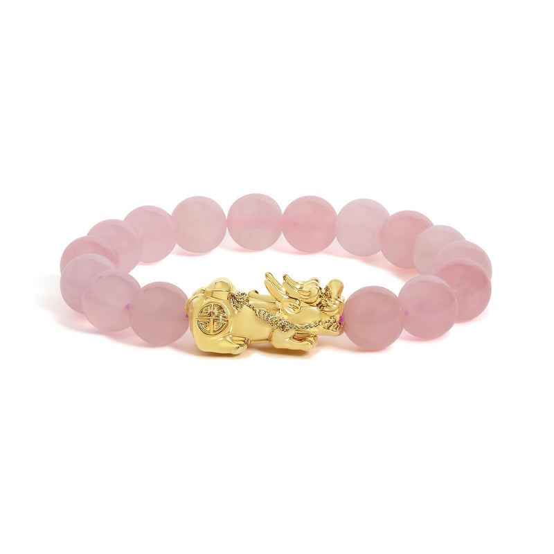 18K Yellow Gold Dragon Charm Natural Rose Quartz Beaded Charm Bracelet 18K Yellow Gold Dragon Charm Natural Rose Quartz Beaded Charm Bracelet-0