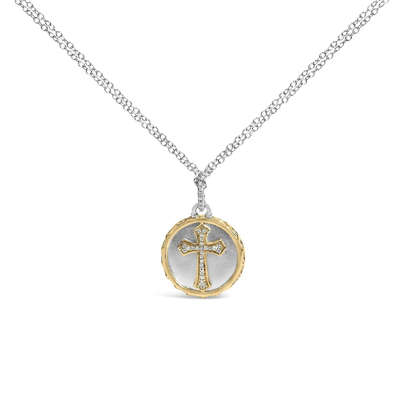 14K Yellow Gold Plated Sterling Silver 1/10 Cttw Diamond Cross Medallion Pendant Necklace 14K yellow gold cross medallion necklace with pave diamond accent stones