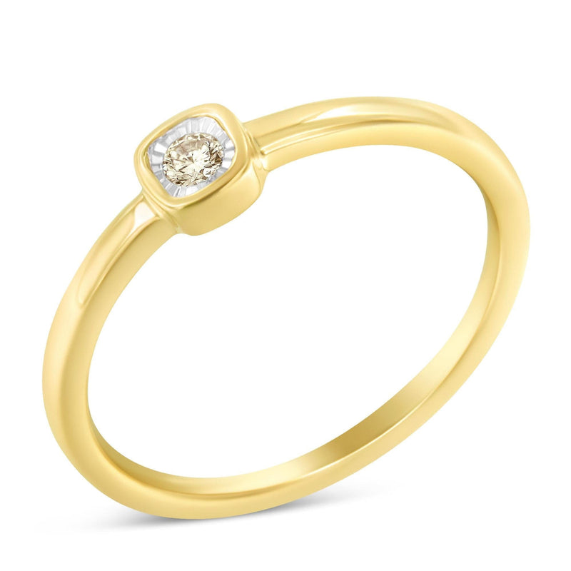 14K Yellow Gold Plated .925 Sterling Silver 1/20 Carat Diamond Square Cushion-Shaped Miracle Set Petite Fashion Promise Ring (J-K Color, I1-I2 Clarity) 14K yellow gold ring with one cushion diamond in a miracle setting