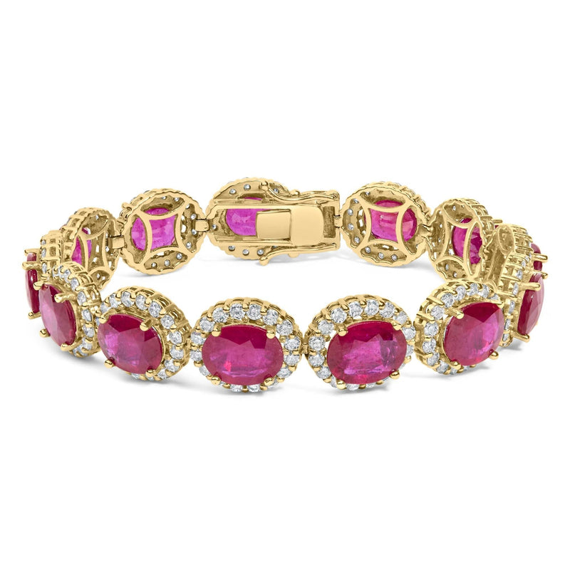 14K Yellow Gold 6 2/5 Cttw Diamond and 34.0 Cttw Oval Red Ruby Halo Link Bracelet (I-J Color, SI1-SI2 Clarity) - 7.25 14K Yellow Gold 6 2/5 Cttw Diamond and 34.0 Cttw Oval Red Ruby Halo Link Bracelet (I-J Color, SI1-SI2 Clarity) - 7.25