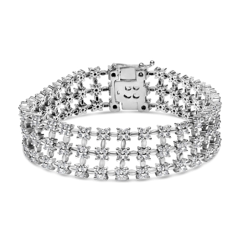 18K White Gold 7 1/2 Cttw Diamond 3 Row Floral Link Bracelet (G-H Color, VS1-VS2 Clarity) - 7 18K White Gold 7 1/2 Cttw Diamond 3 Row Floral Link Bracelet (G-H Color, VS1-VS2 Clarity) - 7