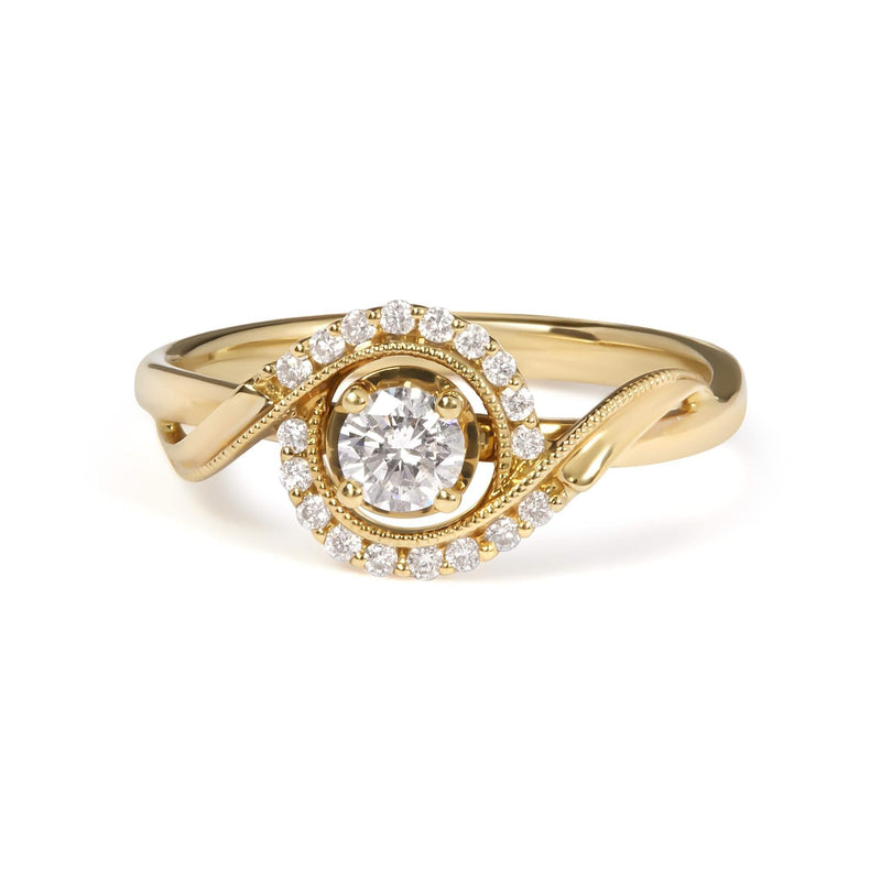 14K Yellow Gold 1/3 Cttw Diamond Solitaire and Halo Swirl Engagement Ring (G-H Color, VS2-SI1 Clarity)- Size 7 14K yellow gold ring with round diamond solitaire and halo swirl stones