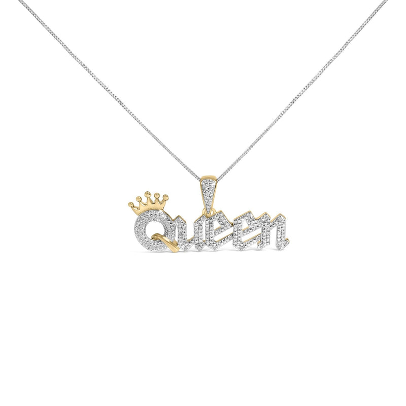 14K Yellow Gold Plated Sterling Silver 1/10 Cttw Diamond “Queen” Nameplate Pendant Necklace 14K yellow gold Queen nameplate necklace with pave diamond accent stones
