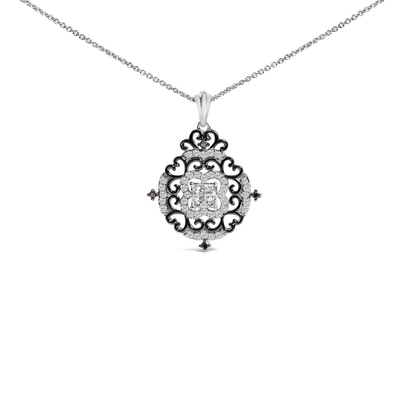 Black Rhodium Plated Sterling Silver 3/4 Cttw Diamond Ornate Medallion Pendant Necklace 925 black rhodium silver medallion necklace with round diamond pave stones