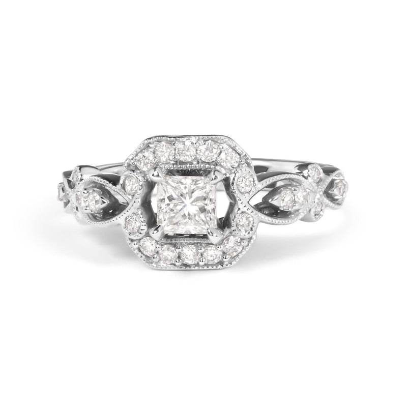 14K White Gold Diamond 3/4 Cttw Diamond Halo Style and Woven Shank Engagement Ring (G-H Color, VS2-SI1 Clarity) - Size 7 14K white gold ring with halo diamond stones and woven shank