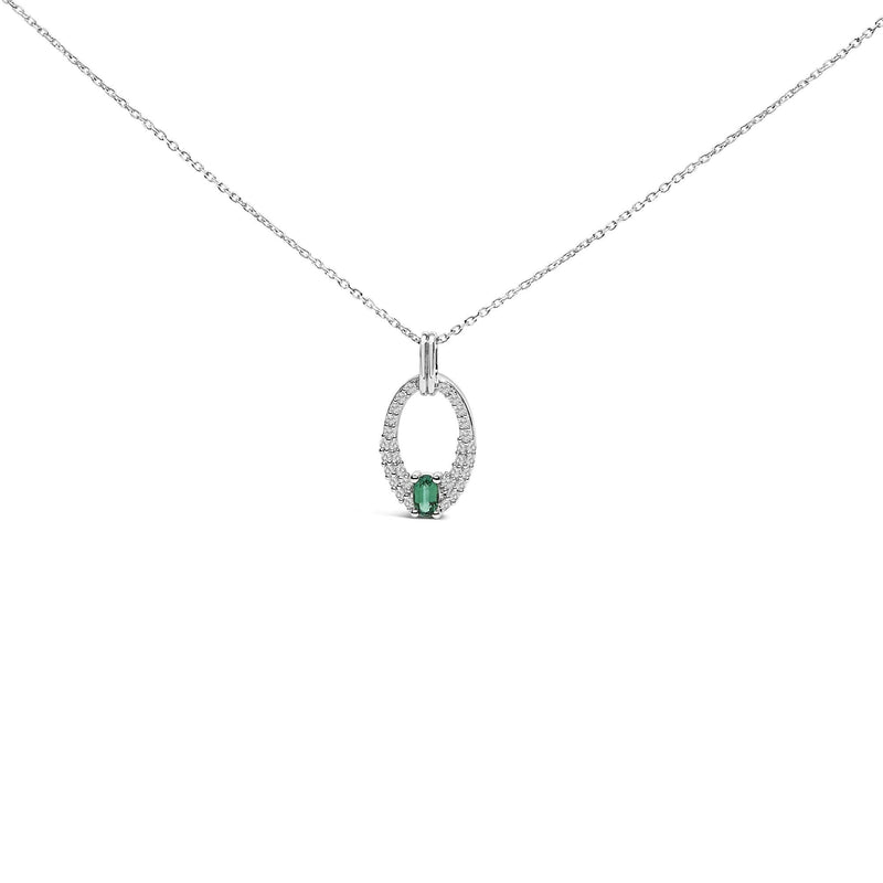 .925 Sterling Silver Created Green Emerald and White Sapphire Oval Shaped Pendant Necklace - 18 Sterling silver pendant necklace with oval green emerald and white sapphire stones