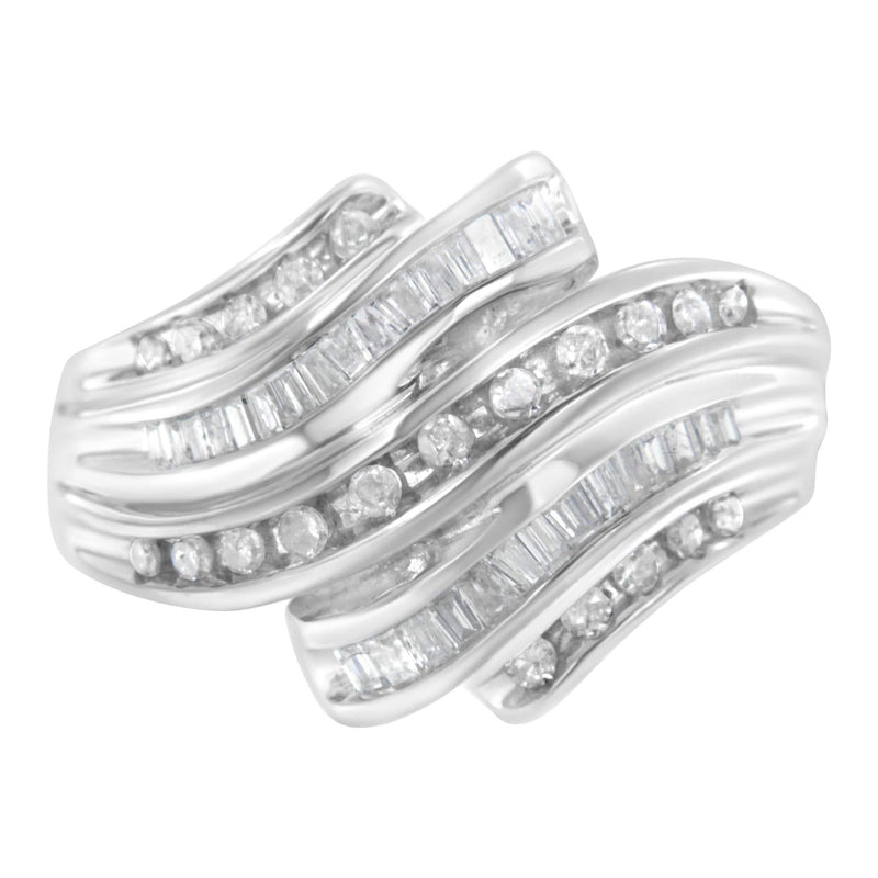 10K White Gold Round and Baguette Cut Diamond Channel Ring (3/4 Cttw, H-I Color, SI2-I1 Clarity) 10K white gold ring with round and baguette diamond stones in channel setting