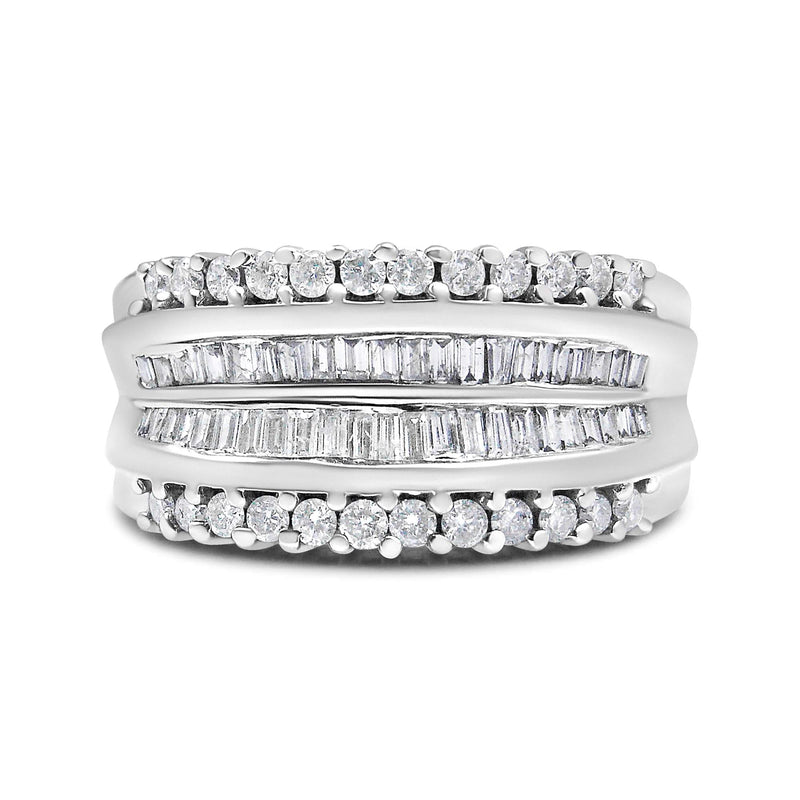 14K White Gold 1.00 Cttw Round and Baguette-Cut Diamond Modern Band Ring (H-I Color, SI2-I1 Clarity) 14K white gold ring with round and baguette diamond stones