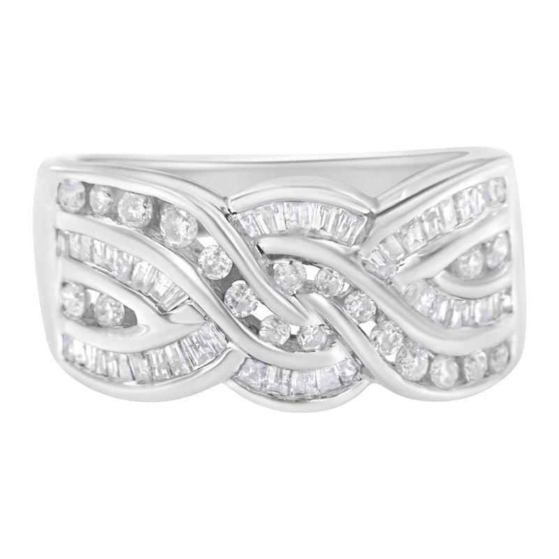 10K White Gold Diamond Bypass Ring (1 Cttw, H-I Color, I1-I2 Clarity) 10K white gold bypass ring with round diamond stones, 1 carat total