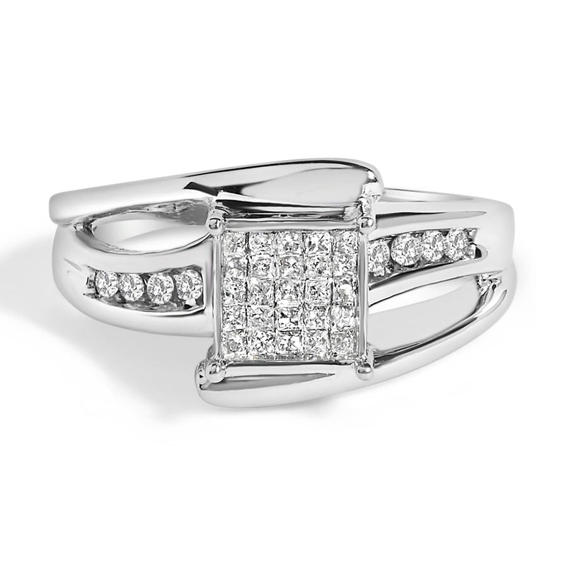 10K White Gold 1/3 Cttw Invisible Set Princess-cut Diamond Cluster Bypass Ring (H-I Color, SI1-SI2 Clarity) 10K white gold ring with princess-cut diamond cluster in bypass setting