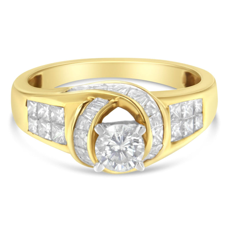 14K Two-Toned Gold Round, Baguette and Princess Cut Diamond Ring (1 1/8 Cttw, H-I Color, SI2-I1 Clarity) 14K two-tone gold ring with round, baguette and princess cut diamond stones
