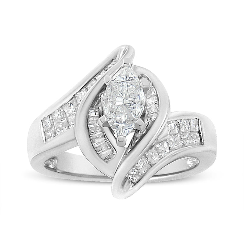 14K White Gold 1 1/4 Cttw Pie, Baguette and Princess cut Diamond Marquise Shape Engagement Cocktail Ring (H-I Color, SI2-I1 Clarity) 14K white gold ring with pie, baguette and princess diamond stones
