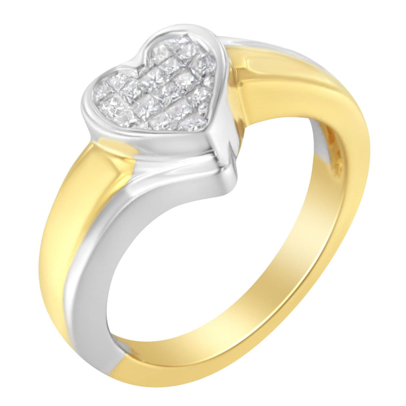 14K Two-Toned Gold Princess-Cut Diamond Heart Promise Ring (1/4 Cttw, H-I Color, I1-I2 Clarity) 14K two-tone gold heart ring with princess-cut diamond stones