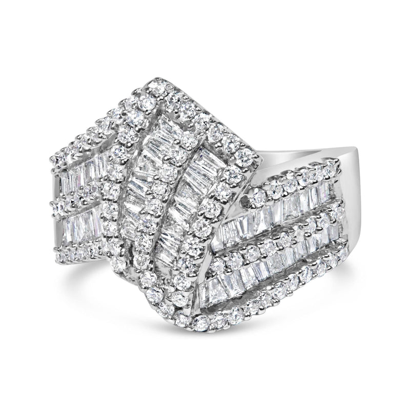 14K White Gold 1-1/2 Cttw Round and Baguette Diamond Bypass Cocktail Ring Band (H-I Color, SI1-SI2 Clarity) 14K white gold ring with round and baguette diamond stones in bypass band