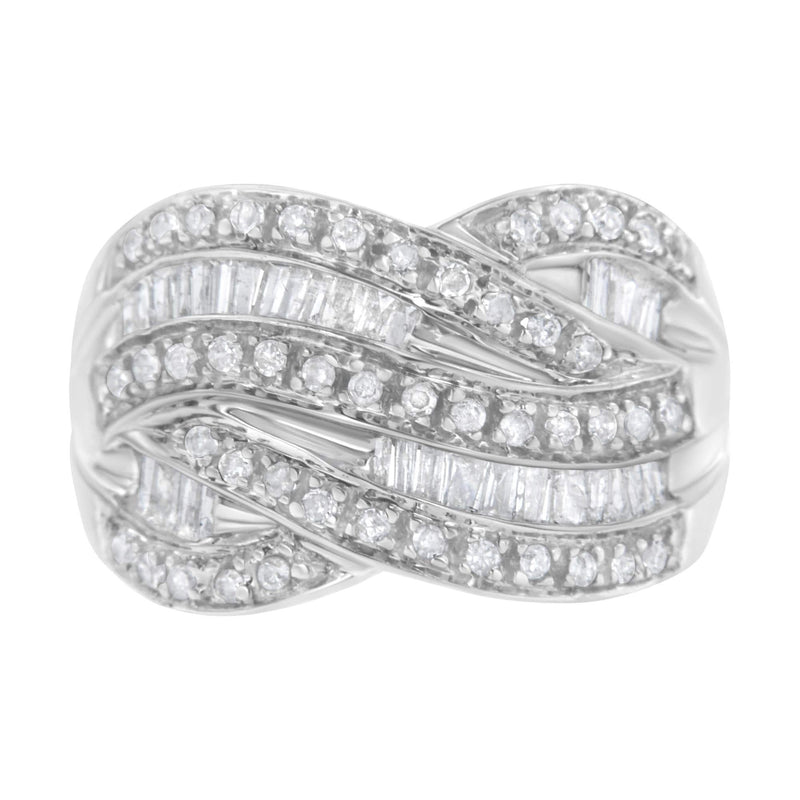 .925 Sterling Silver 1.0 Cttw Channel Set Alternating Round and Baguette Diamond Cross-over Bypass Ring Band (I-J Color, I2-I3 Clarity) 925 sterling silver ring with alternating round and baguette channel-set diamonds