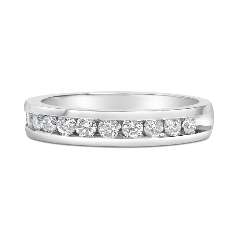 IGI Certified 1/2 Cttw Round Brilliant Cut Diamond 18K White Gold Channel Set Eternity Style Wedding Band Ring (H-I Color, I1-I2 Clarity) 18K white gold ring with round diamond stones in a channel-set eternity band