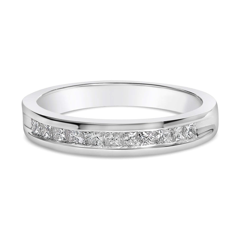 IGI Certified 1/2 Cttw Princess Cut Diamond 18K White Gold Channel Set Half Eternity Style Wedding Band Ring (H-I Color, SI2-I1 Clarity) 18K white gold ring with channel-set princess cut diamonds in a half eternity band