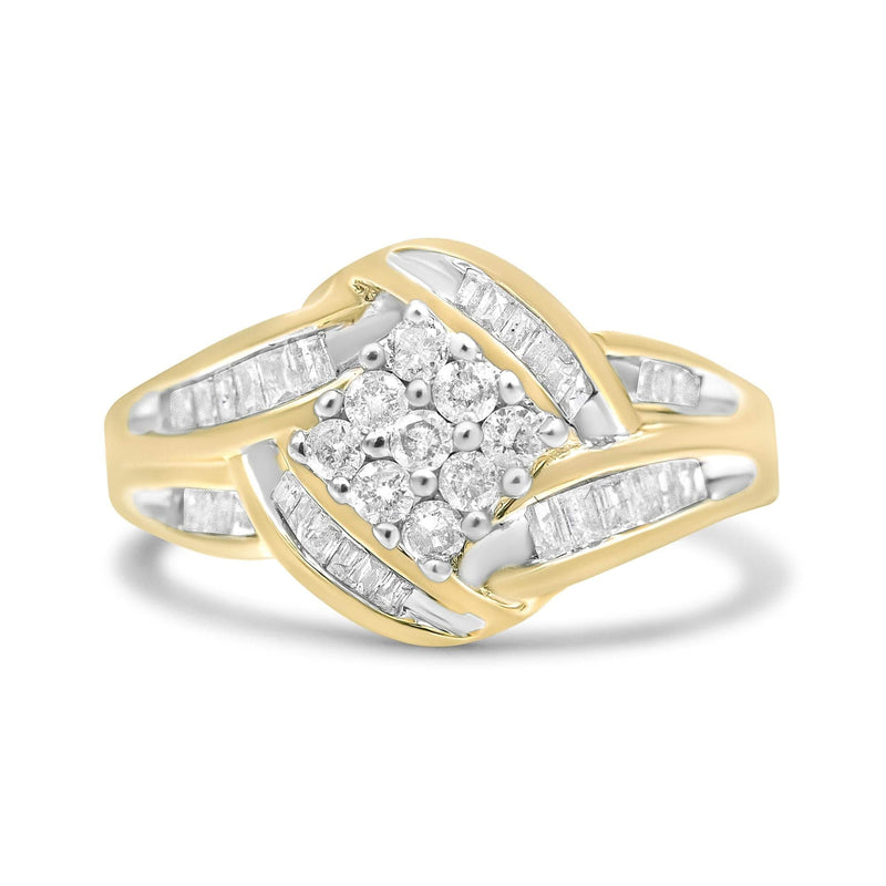 10K Yellow and White Gold 3/4 Cttw Diamond Cluster and Swirl Ring (H-I Color, I1-I2 Clarity) 10K white and yellow gold ring with cluster and swirl diamond stones