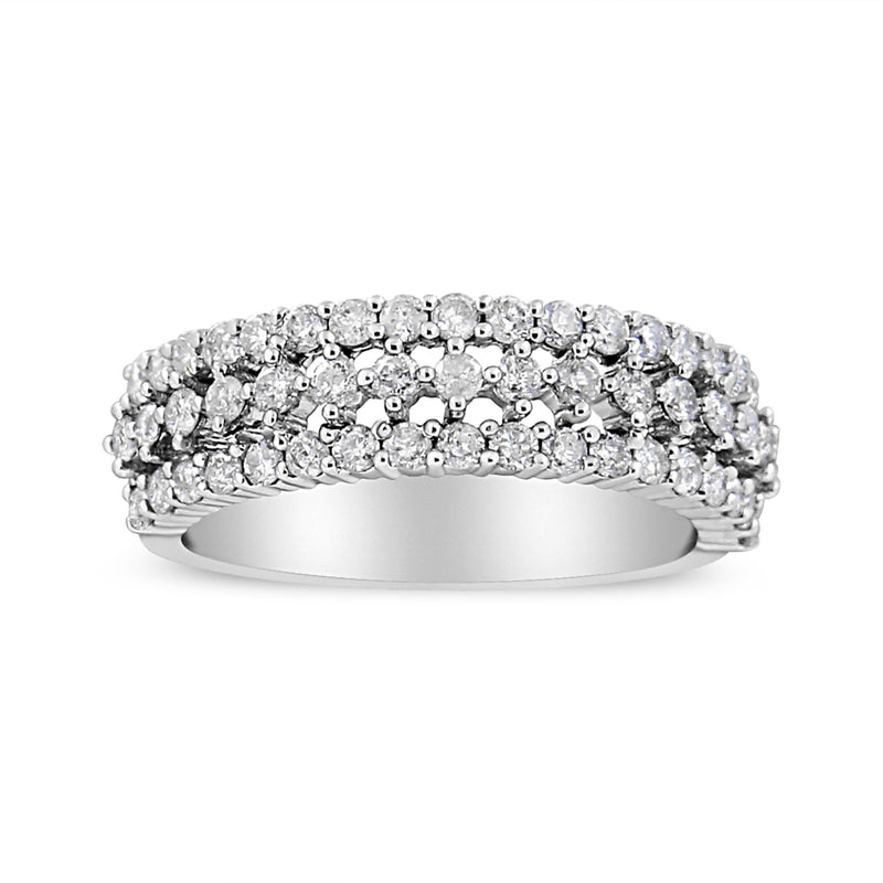 14K White Gold 1.0 Cttw Prong Set Round Diamond Split Shank Three Row Band Ring (H-I Color, I2-I3 Clarity) 14K white gold ring with three rows of round diamond stones